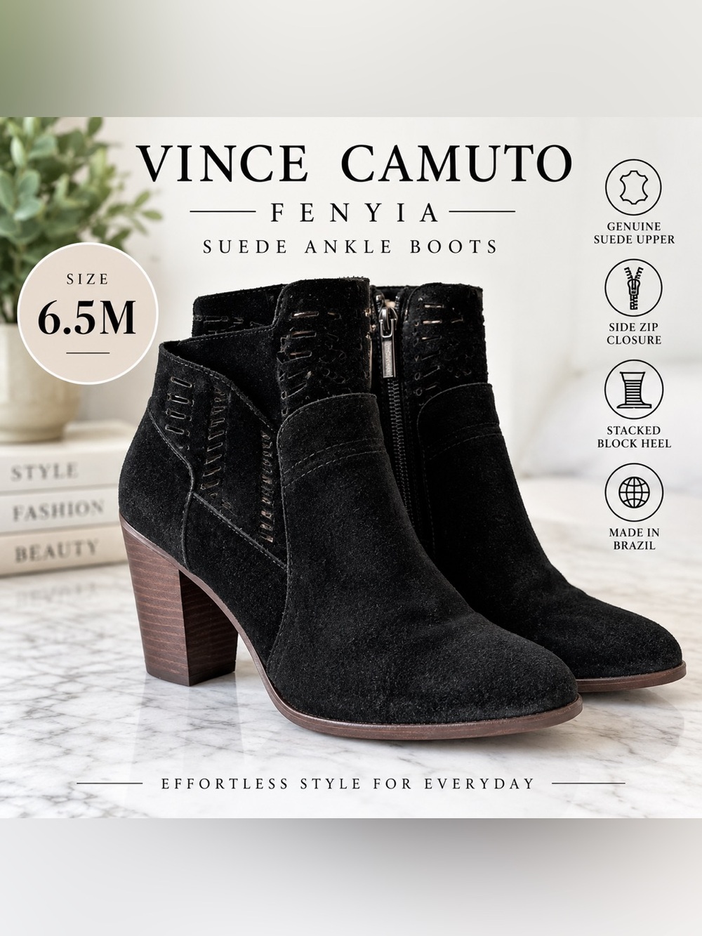 Vince Camuto Fenyia Black Suede Ankle Boots Women’s 6.5M Block Heel Booties